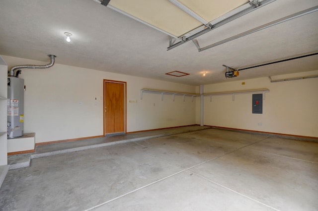 garage with a garage door opener, electric panel, and gas water heater