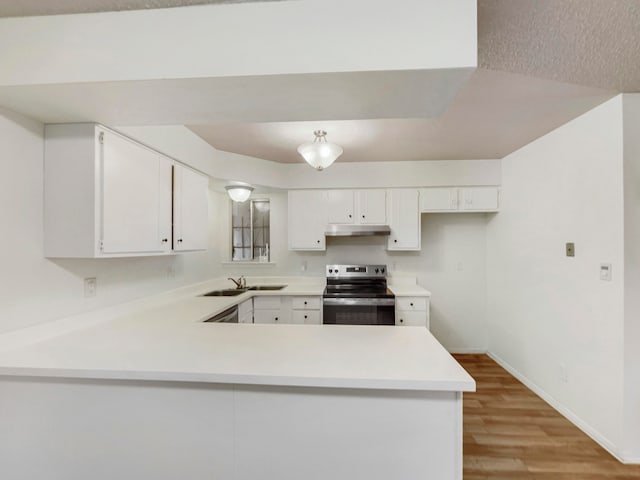 kitchen with kitchen peninsula, white cabinetry, and stainless steel range with electric stovetop