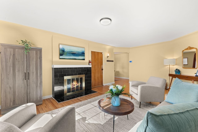 living room with hardwood / wood-style floors and a fireplace