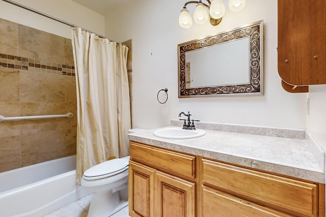 full bathroom with toilet, vanity, tile patterned floors, and shower / tub combo with curtain