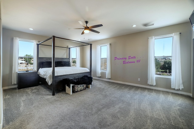 bedroom with ceiling fan, multiple windows, and carpet flooring