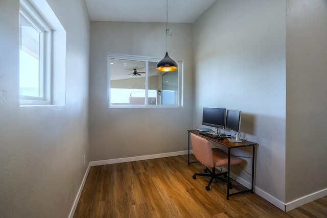 home office with hardwood / wood-style flooring and plenty of natural light