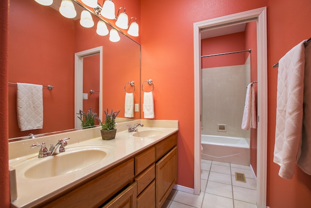 bathroom featuring shower / tub combination, vanity, and tile patterned flooring