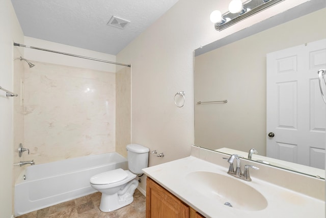 full bathroom featuring a textured ceiling, vanity, toilet, and shower / bath combination