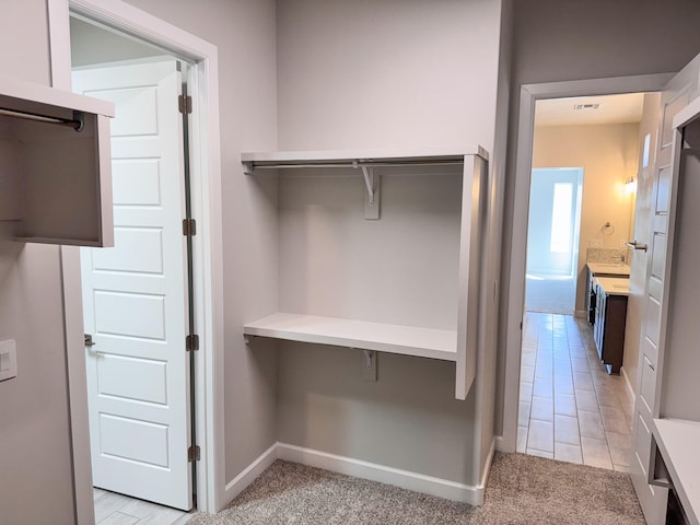 walk in closet with light colored carpet