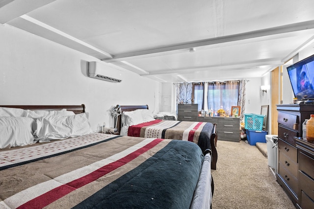 bedroom with light carpet and a wall mounted air conditioner