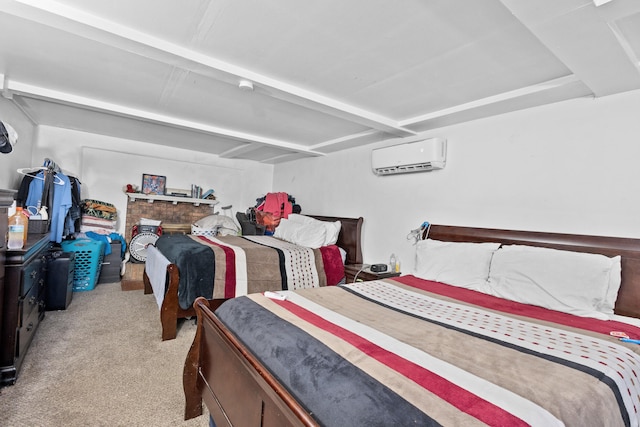 carpeted bedroom featuring a wall mounted air conditioner