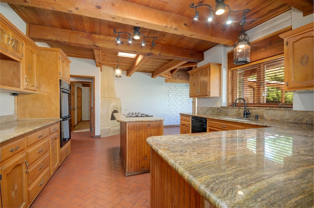 kitchen with wood ceiling, a center island, sink, beam ceiling, and decorative light fixtures