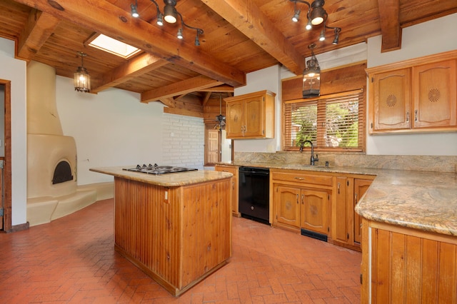 kitchen with a kitchen island, dishwasher, beamed ceiling, decorative light fixtures, and stainless steel gas stovetop