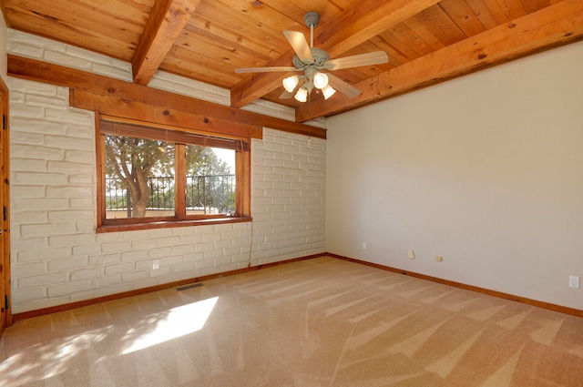 empty room with ceiling fan, beamed ceiling, brick wall, and wooden ceiling