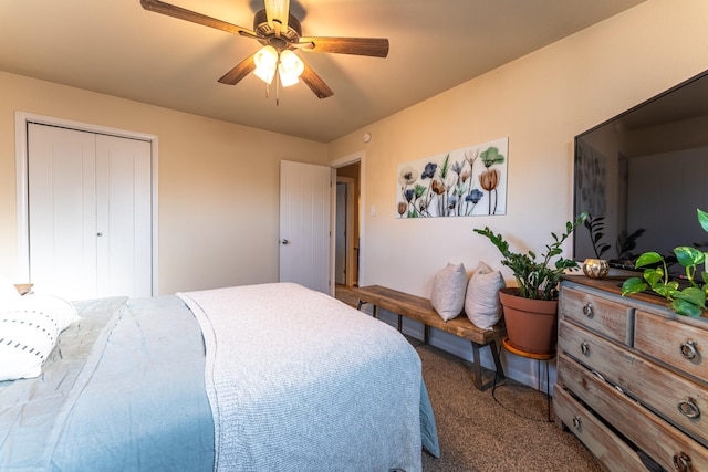 bedroom with dark colored carpet, ceiling fan, and a closet