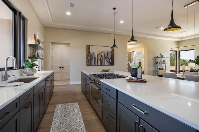 kitchen with appliances with stainless steel finishes, light stone countertops, decorative light fixtures, dark hardwood / wood-style floors, and sink