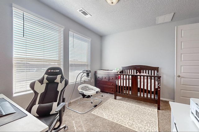 carpeted bedroom with a textured ceiling, a nursery area, and multiple windows