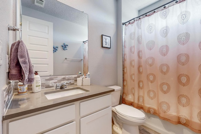 full bathroom with tasteful backsplash, a textured ceiling, shower / bath combination with curtain, toilet, and vanity