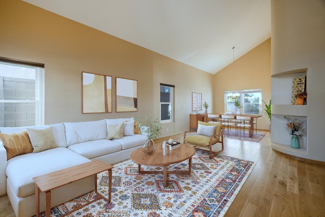 living room with light hardwood / wood-style flooring and high vaulted ceiling