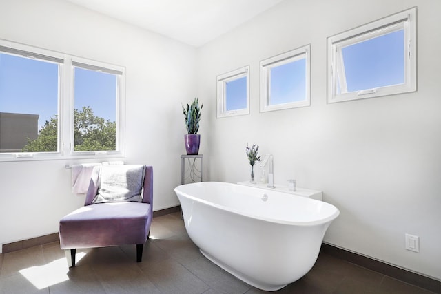 bathroom with baseboards and a freestanding tub