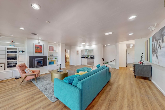 living room featuring light hardwood / wood-style flooring and a wood stove