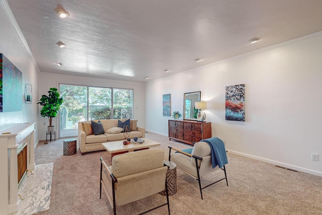 living room featuring light carpet and crown molding