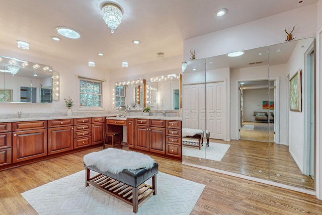 bathroom with hardwood / wood-style flooring and vanity