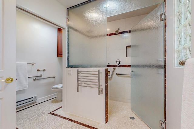 bathroom featuring walk in shower, tile patterned flooring, toilet, and a baseboard heating unit