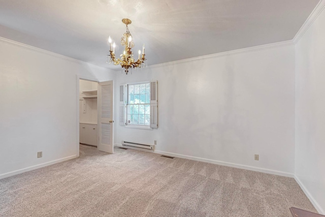 carpeted empty room with crown molding, an inviting chandelier, and a baseboard radiator