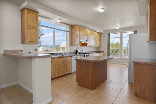 kitchen featuring kitchen peninsula, sink, a wealth of natural light, and white appliances