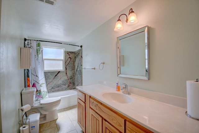 full bathroom featuring shower / bath combination with curtain, tile patterned flooring, vanity, and toilet