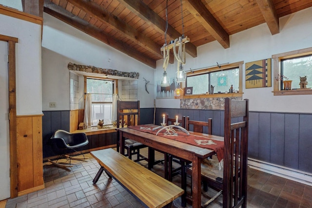 dining area with vaulted ceiling with beams and wood ceiling