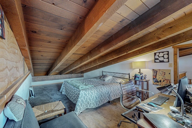 bedroom with beam ceiling and wooden ceiling