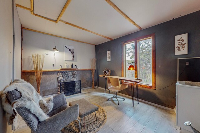 office with a fireplace and light hardwood / wood-style flooring