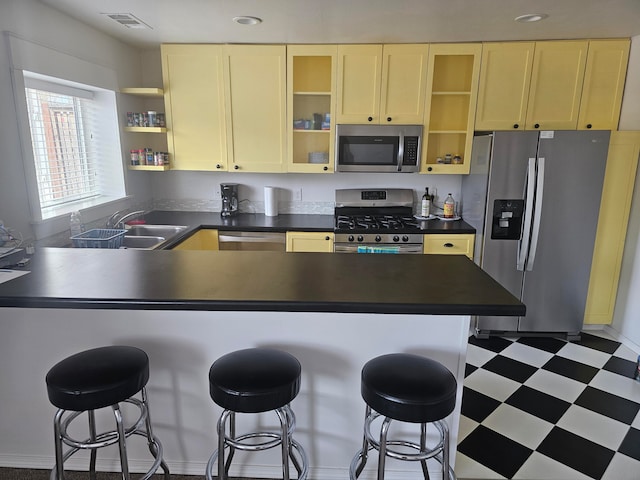 kitchen with a kitchen breakfast bar, stainless steel appliances, and kitchen peninsula