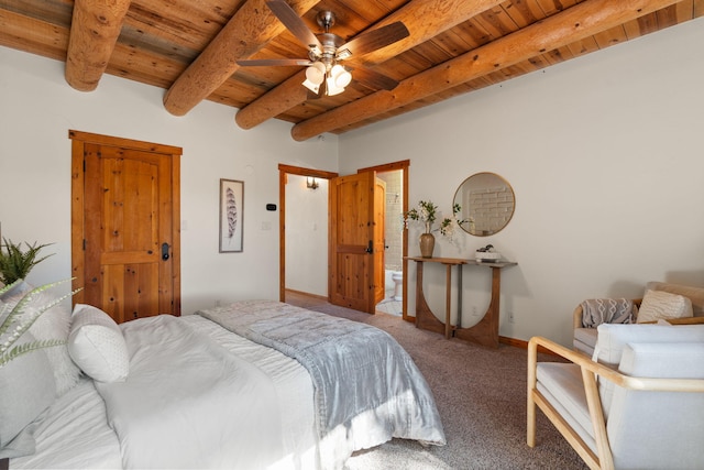 bedroom featuring wooden ceiling, carpet, beamed ceiling, and ceiling fan