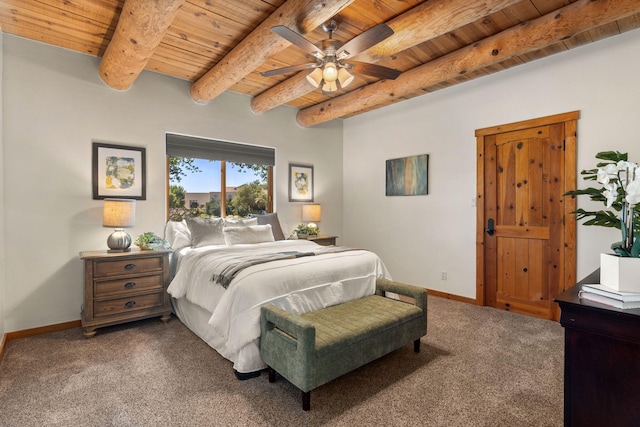 bedroom with beam ceiling, ceiling fan, wooden ceiling, and carpet flooring