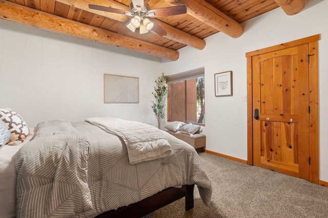 bedroom featuring wooden ceiling, beamed ceiling, carpet flooring, and ceiling fan