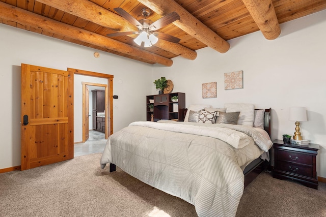 bedroom featuring wood ceiling, beam ceiling, ceiling fan, and carpet