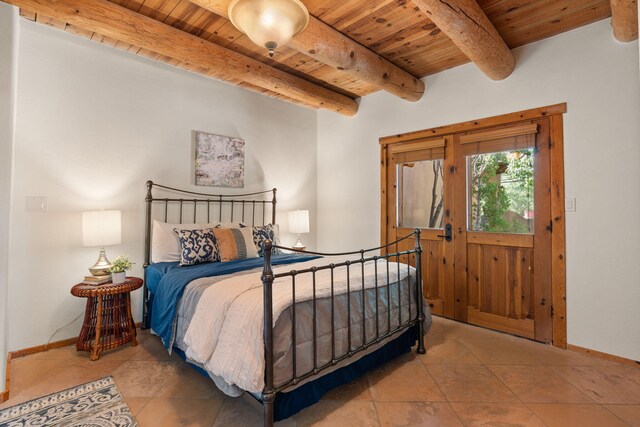 tiled bedroom featuring wood ceiling and beam ceiling