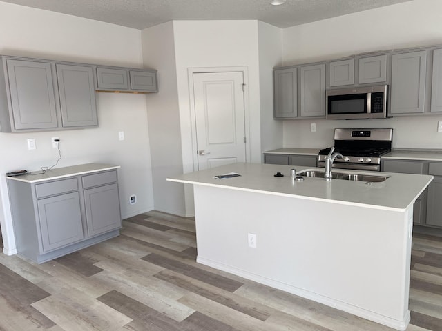 kitchen featuring appliances with stainless steel finishes, light hardwood / wood-style floors, a kitchen island with sink, and gray cabinets