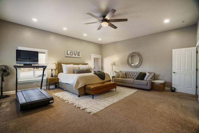 bedroom featuring baseboards, carpet floors, ceiling fan, and recessed lighting