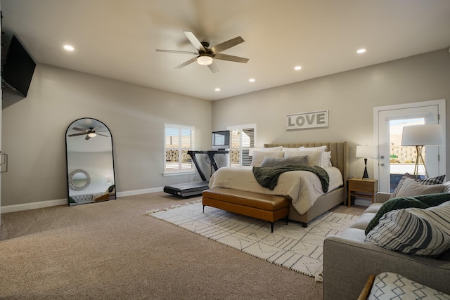 bedroom with light carpet, baseboards, a ceiling fan, and recessed lighting