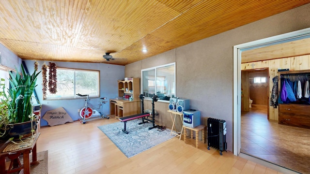 office featuring wooden ceiling, light hardwood / wood-style floors, wooden walls, and ceiling fan