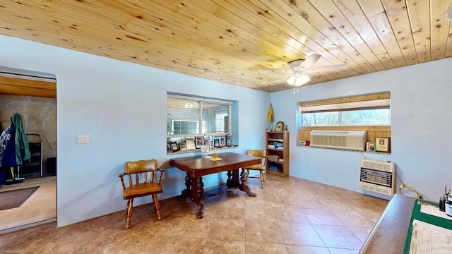 tiled dining space featuring cooling unit, wood ceiling, ceiling fan, and heating unit