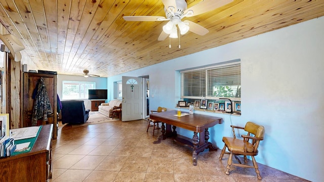 tiled dining room featuring wooden ceiling and ceiling fan