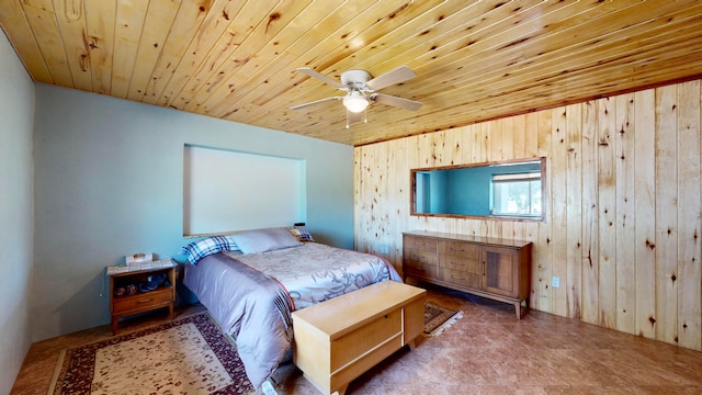 bedroom featuring ceiling fan, wooden walls, and wood ceiling