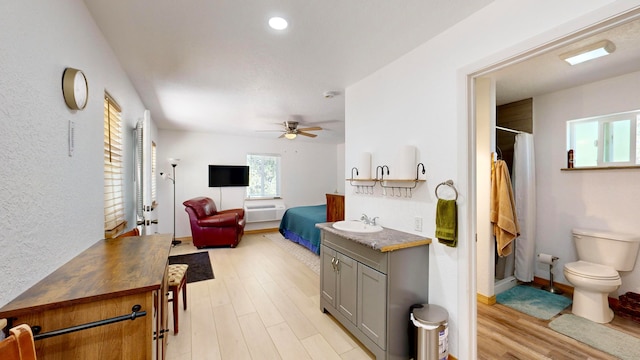 interior space featuring ceiling fan, a wall mounted air conditioner, light hardwood / wood-style floors, and sink