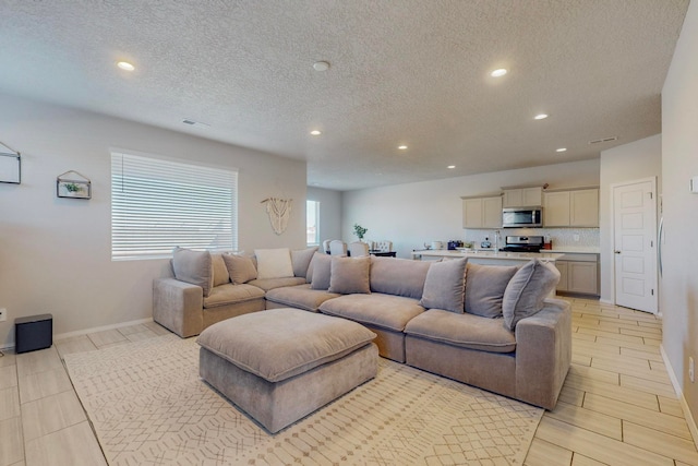 living room featuring a textured ceiling