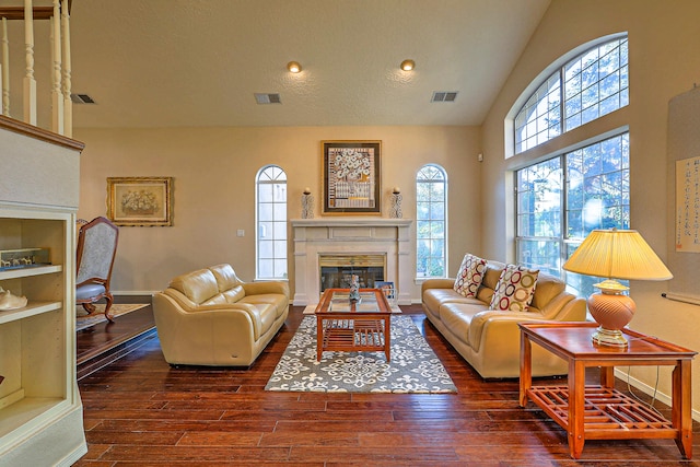 living room with lofted ceiling and dark hardwood / wood-style floors