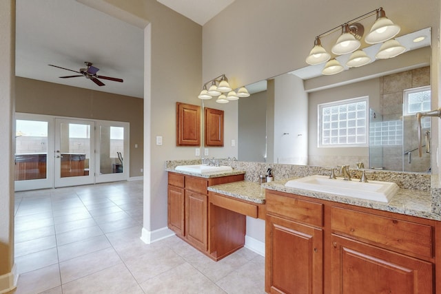 bathroom featuring vanity, an enclosed shower, ceiling fan, tile patterned floors, and french doors