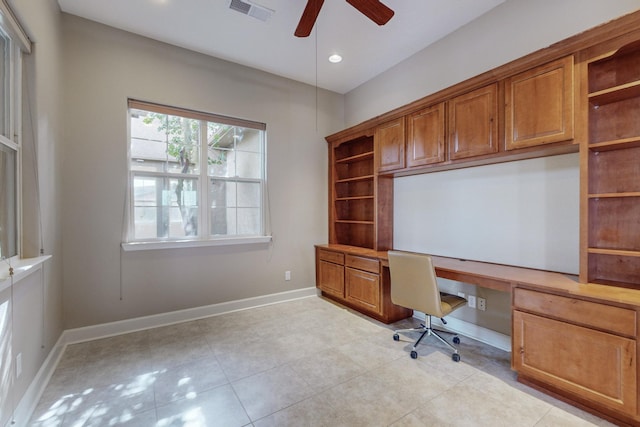 370 Zuni River Cir SW, Los Lunas, NM 87031 - unfurnished office with built in study area, ceiling fan, light tile patterned floors, and recessed lighting