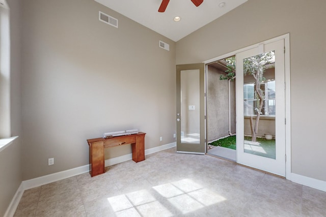 370 Zuni River Cir SW, Los Lunas, NM 87031 - unfurnished room with a ceiling fan, lofted ceiling, and recessed lighting