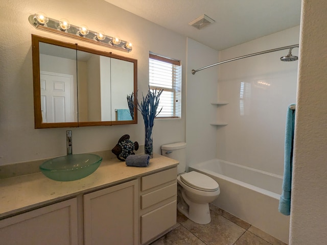 full bathroom with vanity, tile patterned flooring, toilet, and shower / bathtub combination